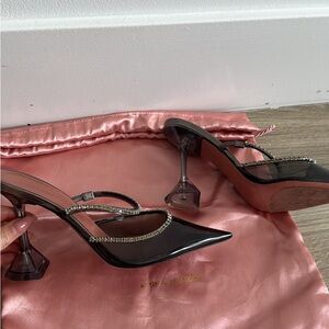 Amina Muaddi Black Heels with Glittering Silver Straps